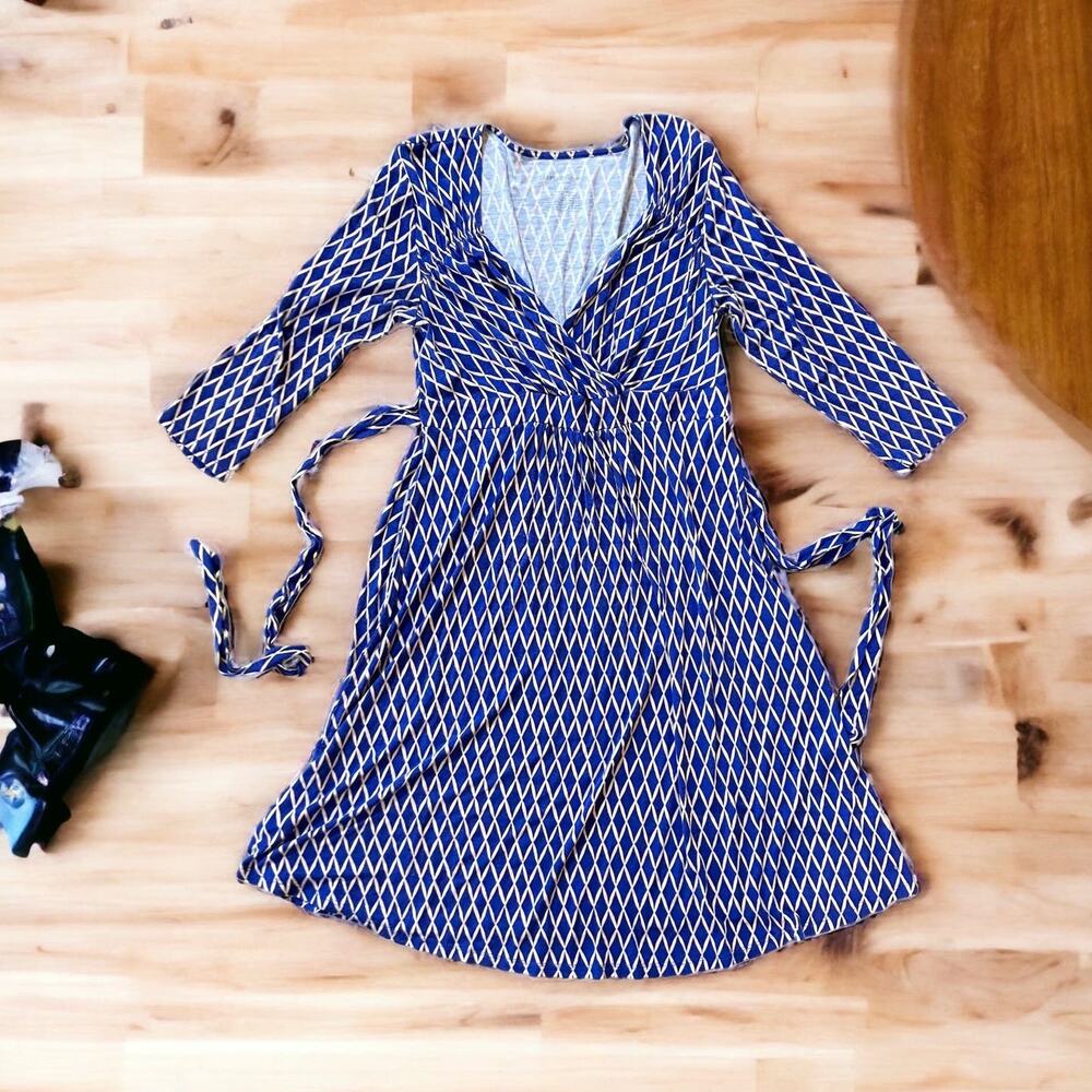 Liz Lange Women's Blue and Tan Maternity 3/4 Sleeve Dress w/ Tie | Size S